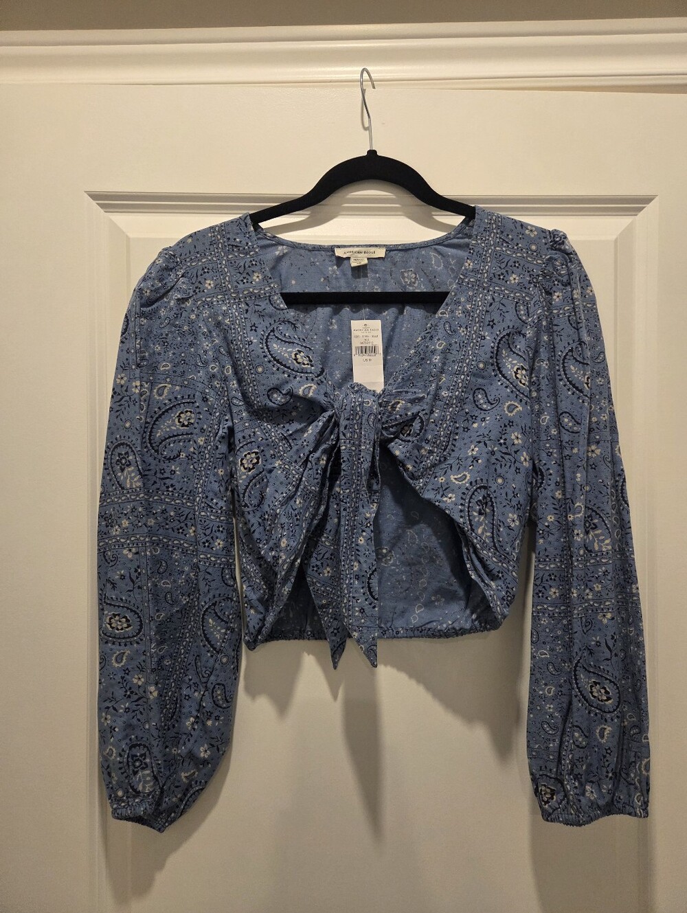 American Eagle Light Blue Paisley Tie-Front Croped Blouse